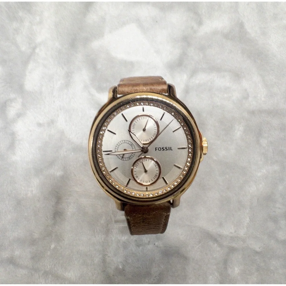 Fossil ES3358 Silver Dial Brown Leather Strap Multifunction 42mm Women's Watch